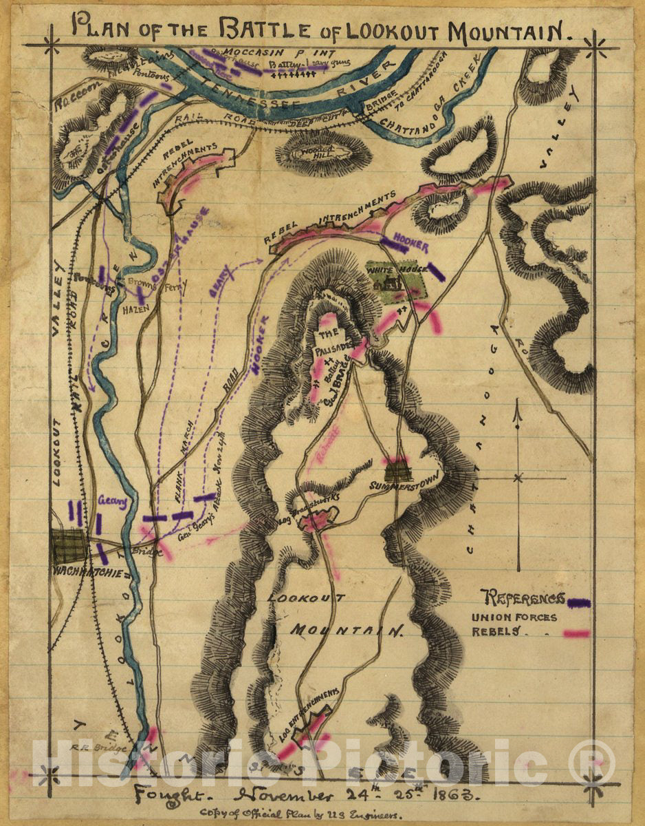 Historic 1863 Map - Plan of The Battle of Lookout Mountain. Fought November 24th-25th, 1863.