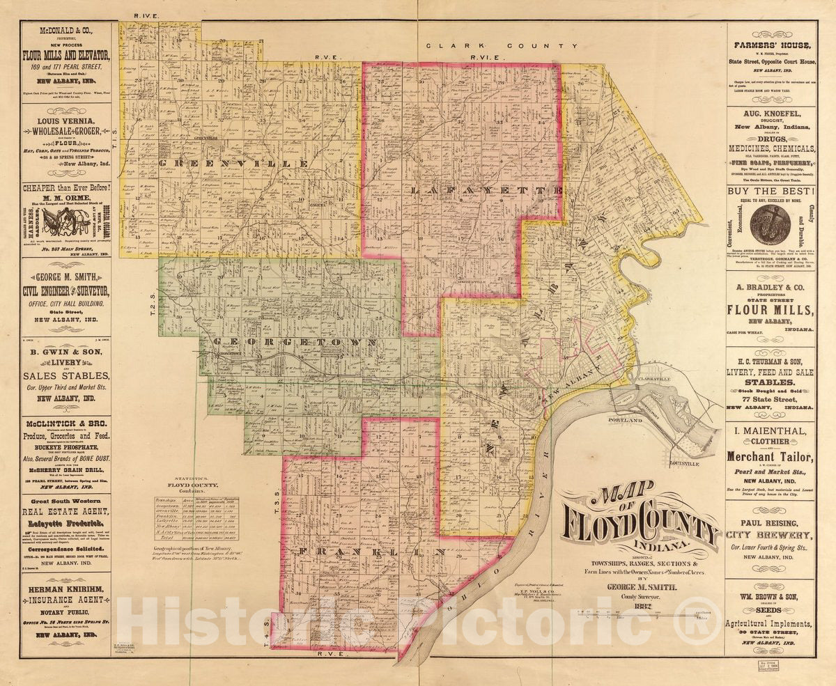Historic 1882 Map - Map of Floyd County, Indiana : Showing townships, ranges, Sections & Farm Lines with The Owners Names and Number of Acres