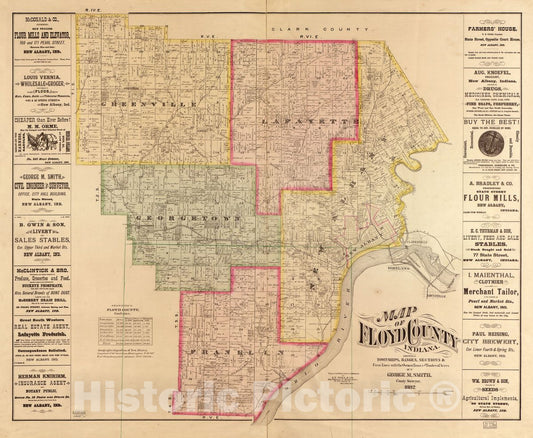 Historic 1882 Map - Map of Floyd County, Indiana : Showing townships, ranges, Sections & Farm Lines with The Owners Names and Number of Acres