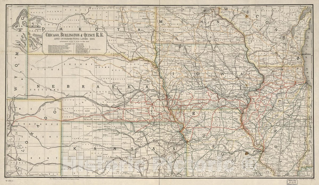 Historic 1883 Map - Chicago, Burlington & Quincy R.R. and intersecting Lines, 1883.