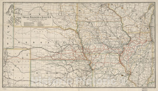 Historic 1883 Map - Chicago, Burlington & Quincy R.R. and intersecting Lines, 1883.