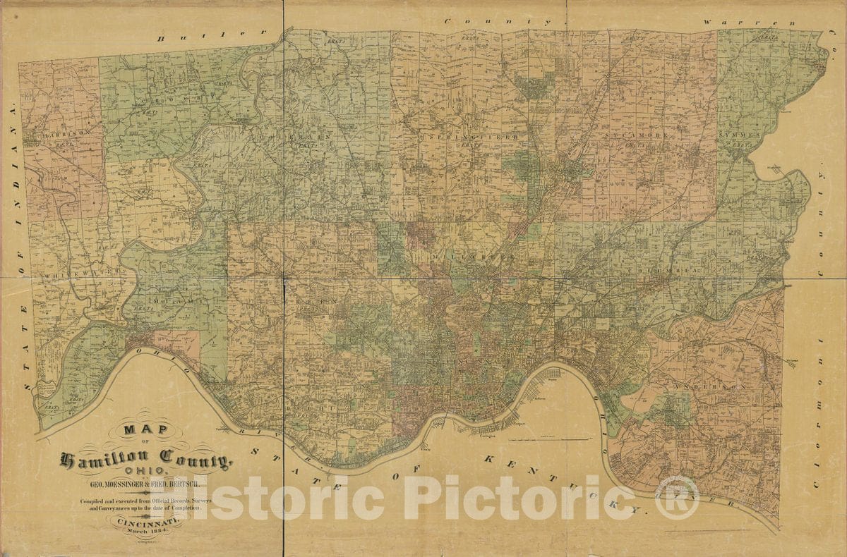 Historic 1884 Map - Map of Hamilton County, Ohio/by Geo. Moessinger & Fred Bertsch ; compiled and executed from Official Records surveys and conveyances up to The Date of Completion.