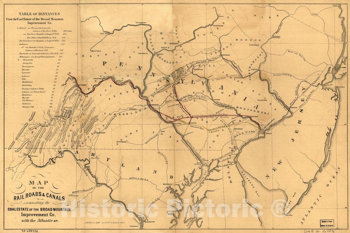 Historic 1850 Map - Map of The Railroads & canals Connecting The Coal Estate of The Broad Mountain Improvement Co, with The Atlantic