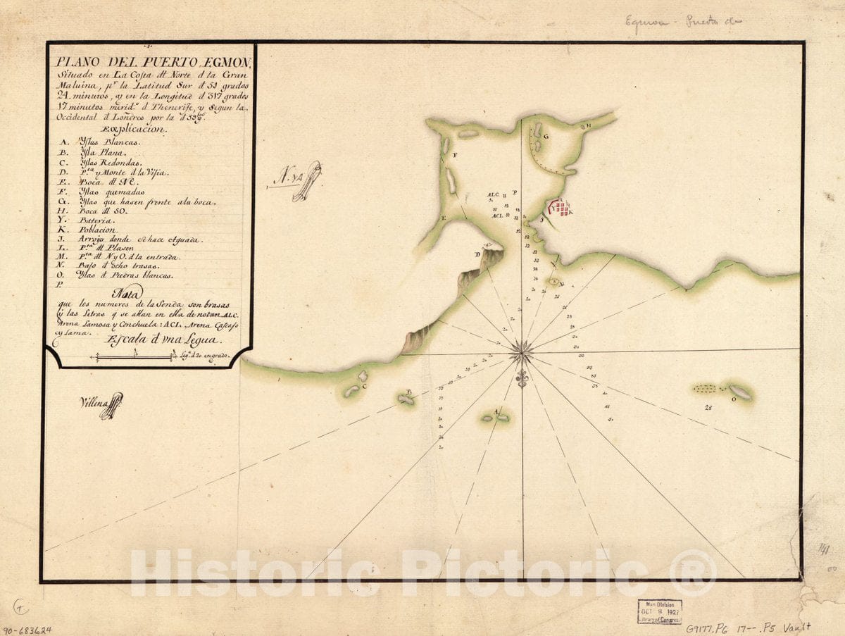 Historic 1700 Map - Plano del Puerto Egmon situado en la Costa dl. Norte d. la Gran Malvina pr. la latitud sur d. 51 grados 24 minutos y en la longitud d. 317 grados 17 minutos