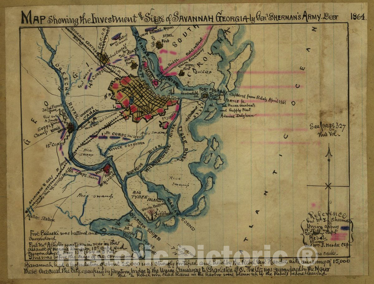 Historic 1864 Map - Map Showing The Investment and Siege of Savannah, Georgia by Genl Sherman's Army Decr 1864.