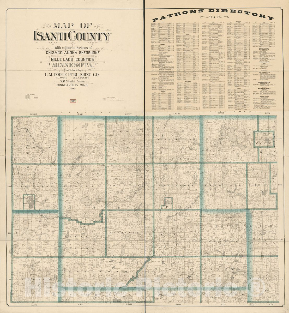 Historic 1898 Map - Map of Isanti County : with Adjacent portions of Chisago, Anoka, Sherburne, and Mille Lacs Counties, Minnesota.