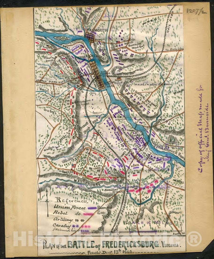 Historic 1862 Map - Plan of The Battle of Fredericksburg, Virginia : Fought Decr. 13th 1862.