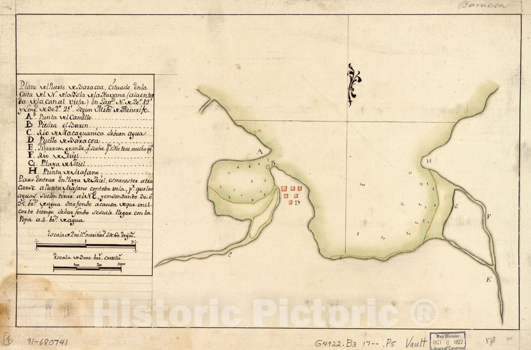 Historic 1700 Map - Plano del Puerto de Baracoa cituado en la Costa del N. de la ysla de la Havana (a la entrada de la Canal Vieja) en lattd. N. DE 2042 y longd. de 30221 segun mrdo.