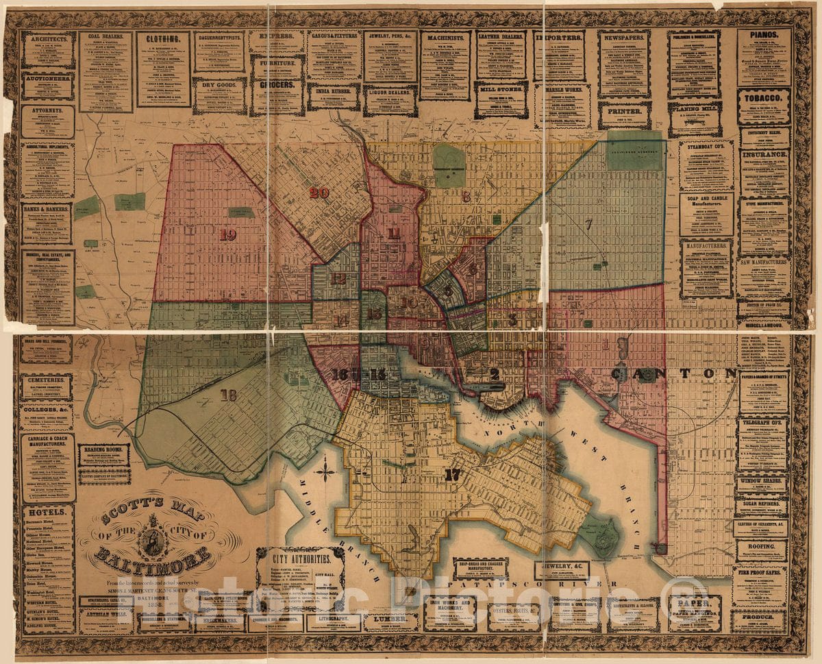Historic 1856 Map - Scott's map of The City of Baltimore. from Latest Records and Actual surveys by