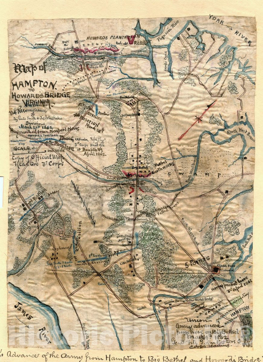 Historic 1862 Map - Map of Hampton to Howard's Bridge, Virginia.