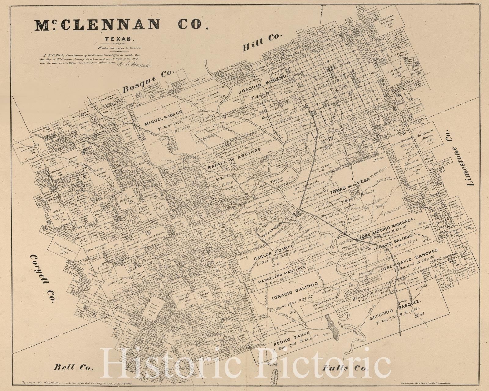 Historic 1880 Map - McClennan sic Co, Texas.