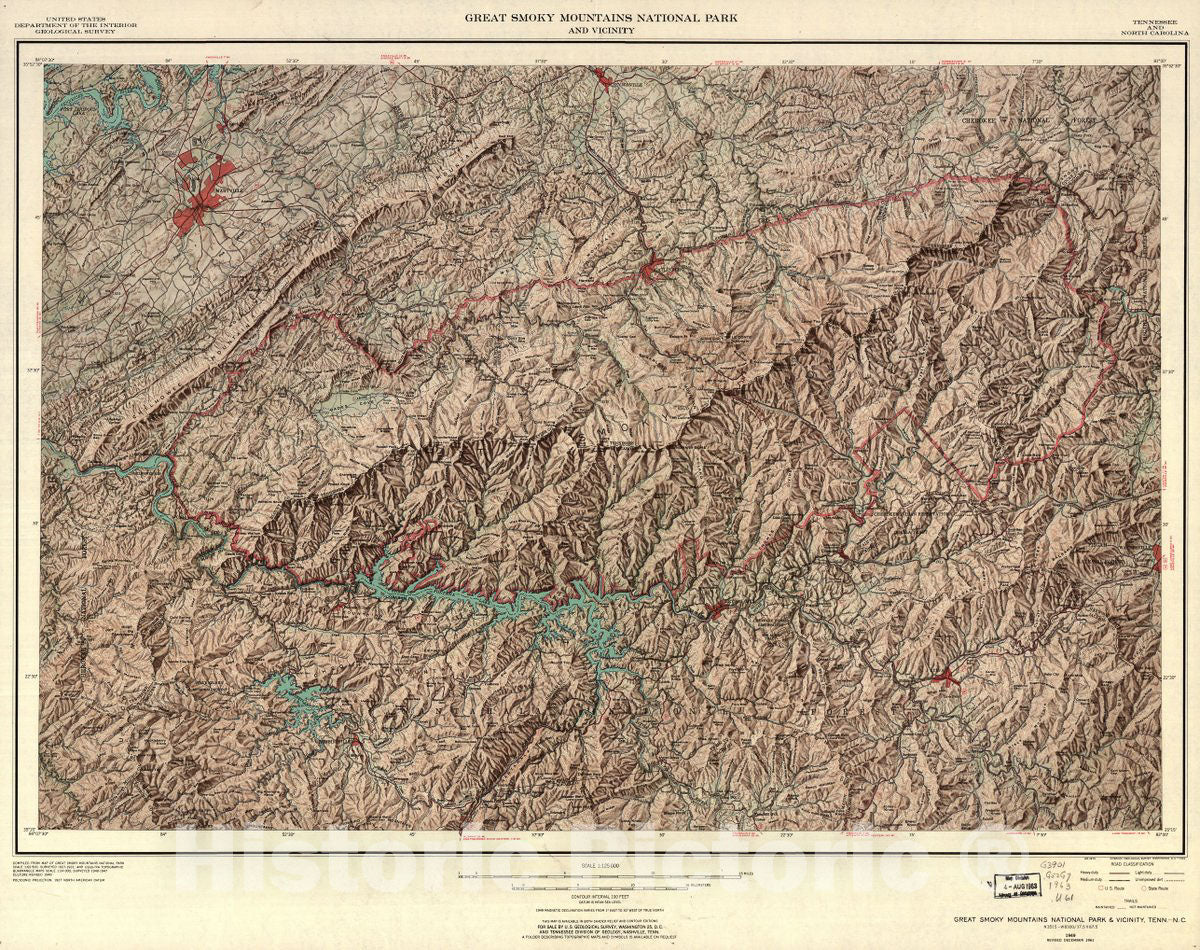 Historic 1963 Map - Great Smoky Mountains National Park and Vicinity.