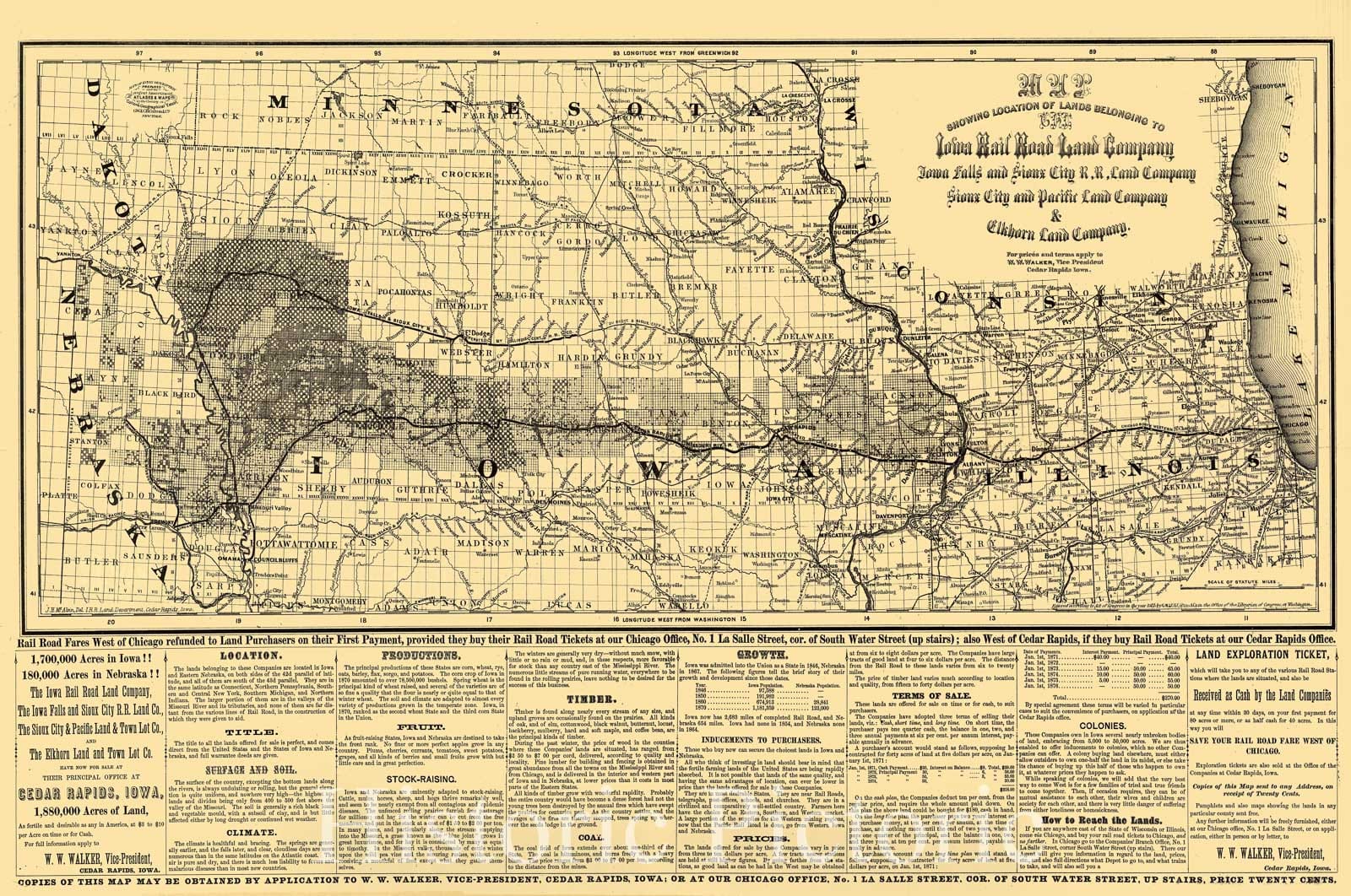 Historic 1871 Map - Map Showing Location of Lands Belonging to The Iowa Rail Road Land Company Iowa Falls, and Sioux City R.R. Land Company Sioux City, and Pacific Land Company