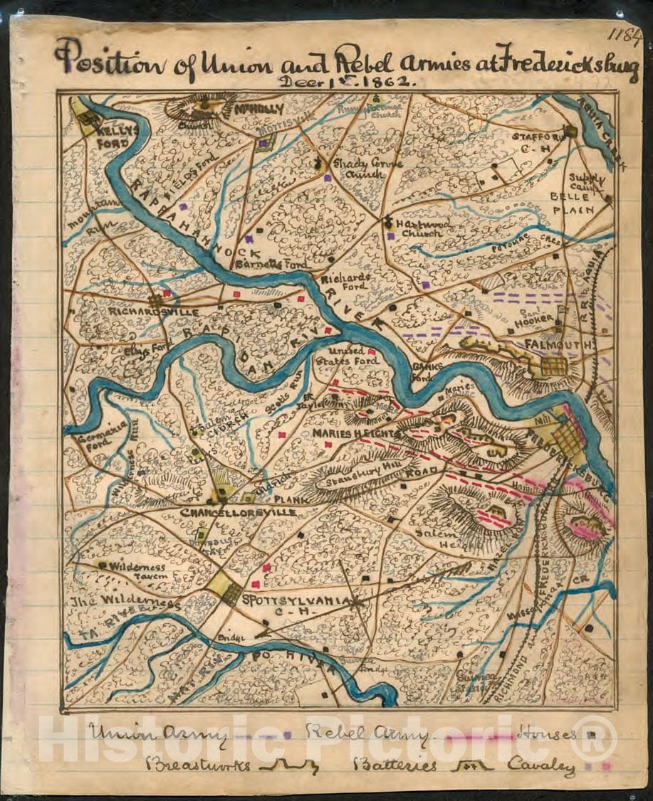 Historic 1862 Map - Position of Union and Rebel Armies at Fredericksburg, Decr. 1st 1862