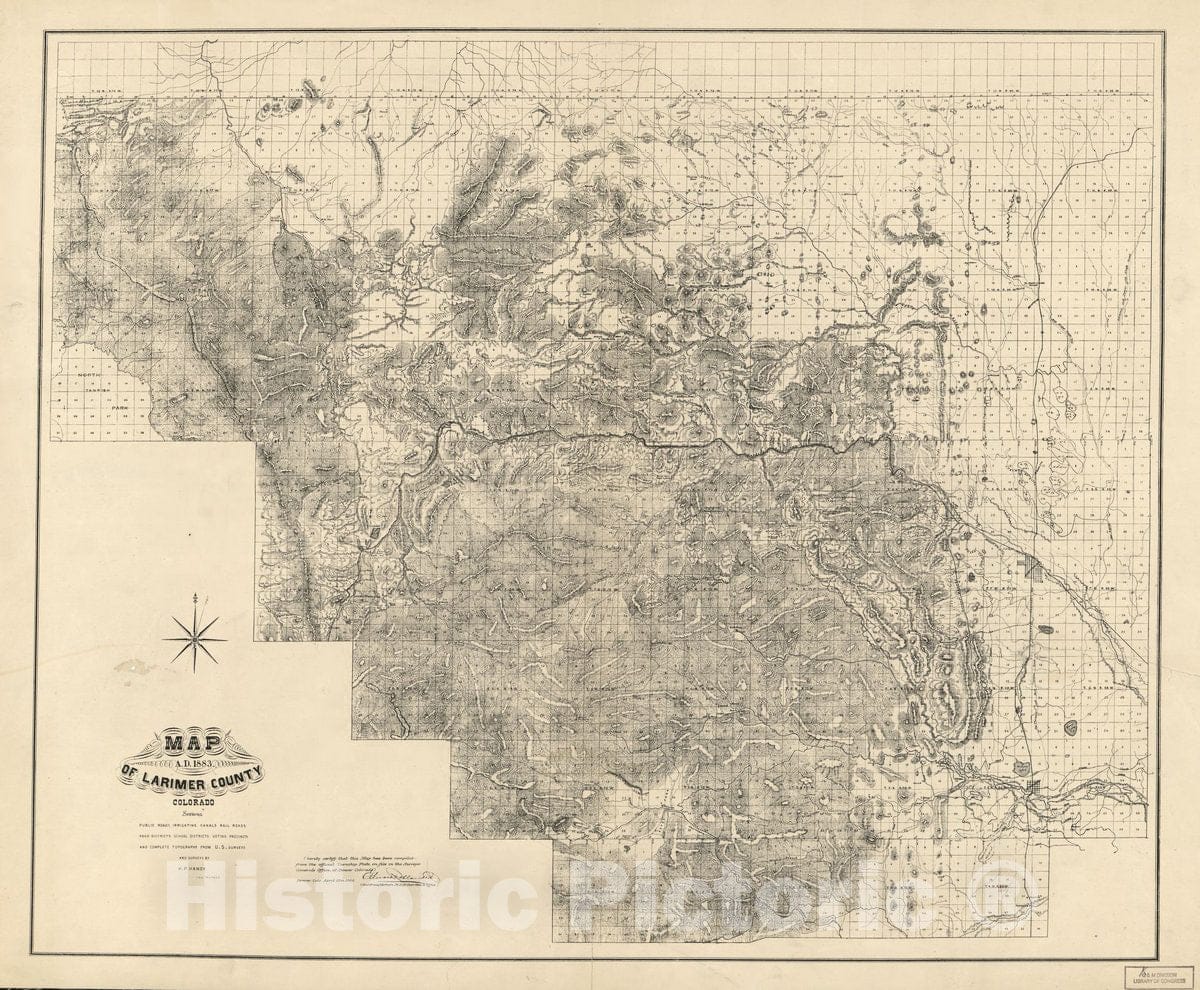 Historic 1884 Map - Map of Larimer County, Colorado : A.D. 1883 : Showing Public Roads, irrigating canals, Rail Roads, Road districts, School districts, Voting precincts