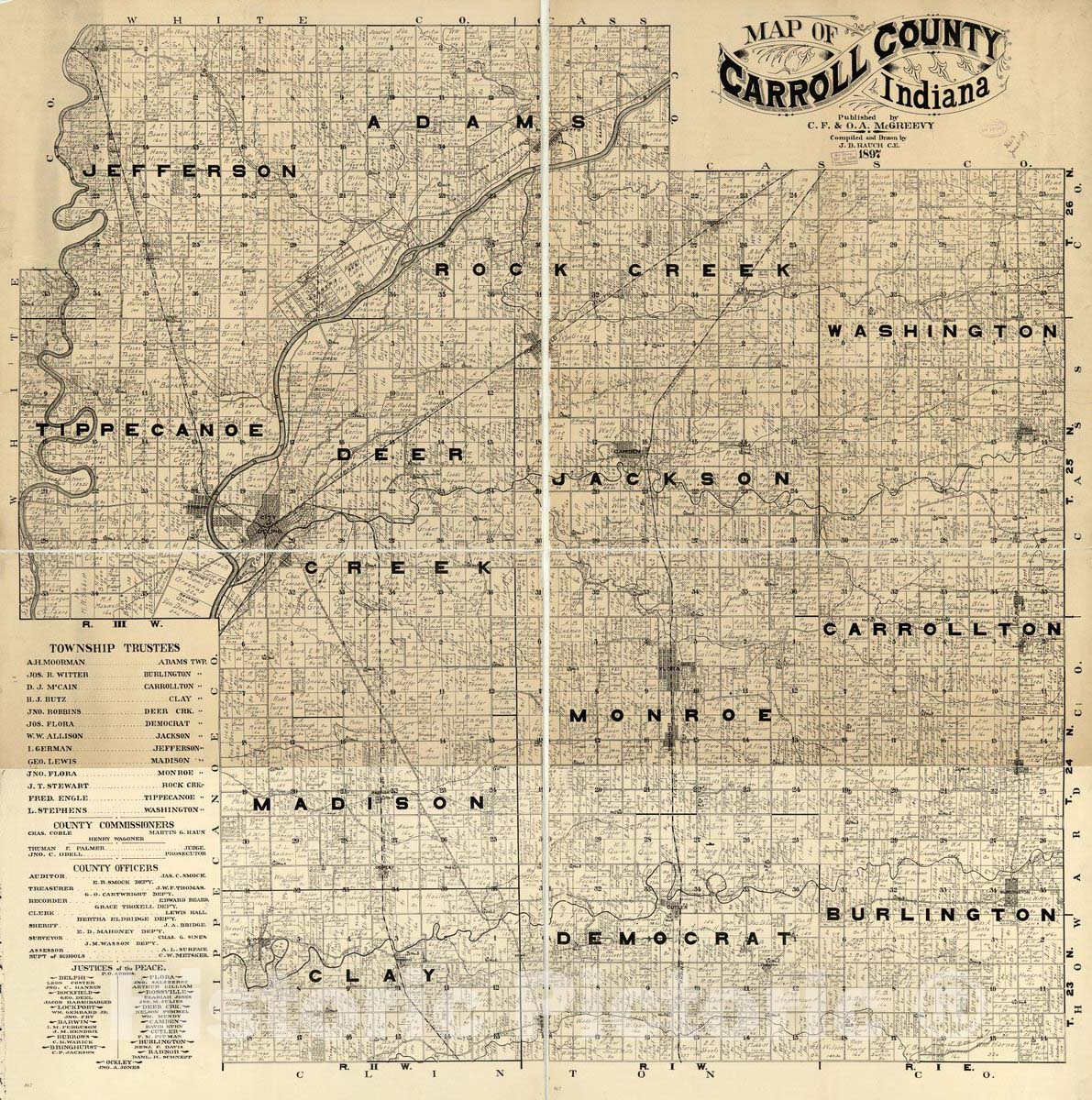 Historic 1897 Map - Map of Carroll County, Indiana