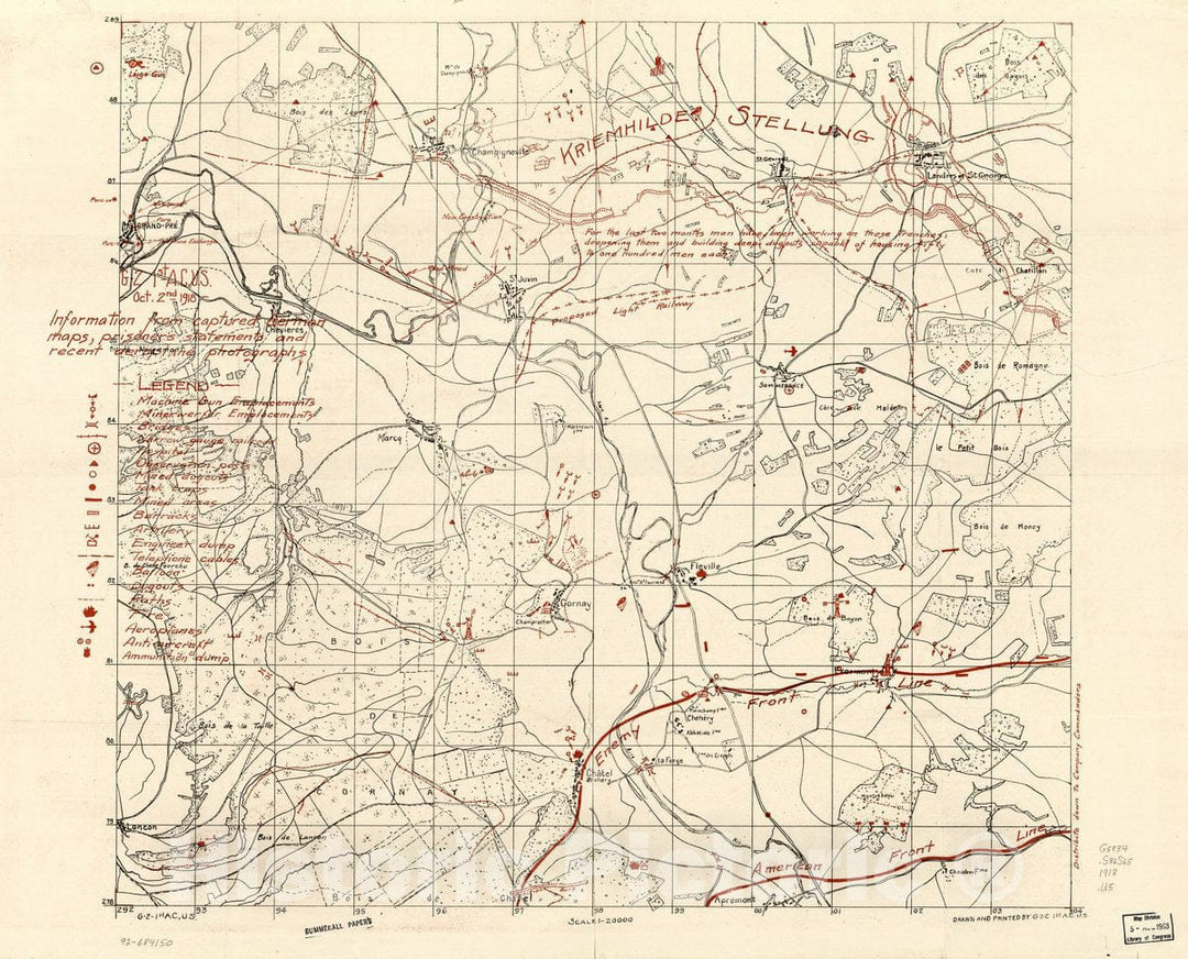 Historic 1918 Map - Information from Captured German maps, prisoner's Statements, and Recent Aeroplane Photographs : Sommerance Region