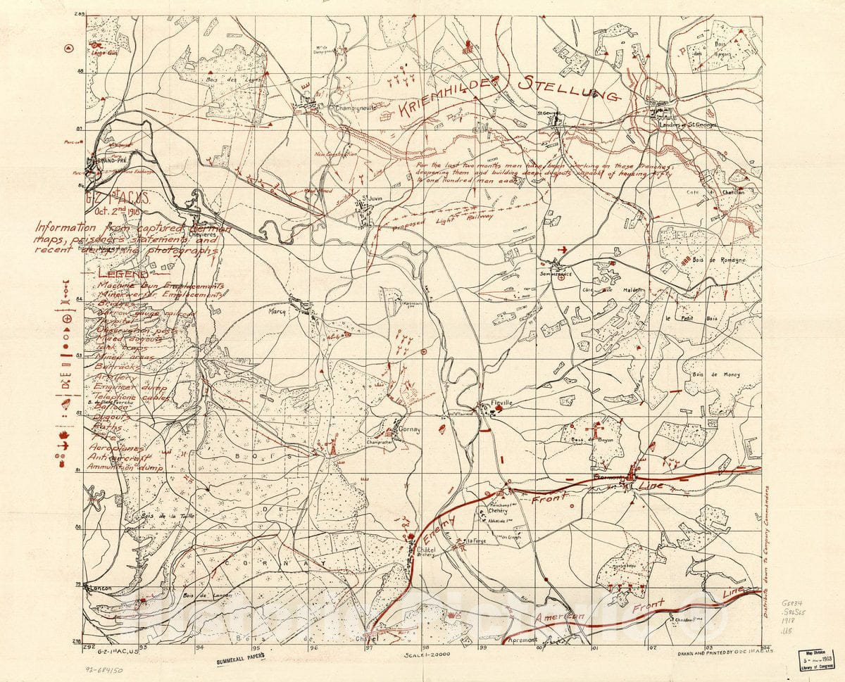 Historic 1918 Map - Information from Captured German maps, prisoner's Statements, and Recent Aeroplane Photographs : Sommerance Region