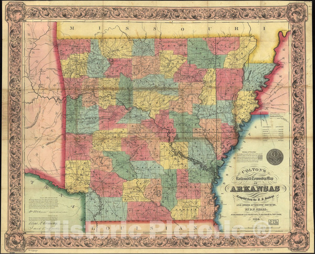 Historic 1854 Map - Colton's Railroad & Township map of Arkansas complied from The U.S. Surveys and Other Authentic Sources.