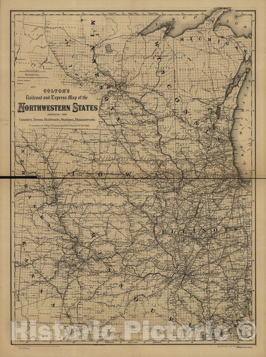 Historic 1872 Map - Colton's Railroad and Express map of The Northwestern States Showing Countries, Towns, Railroads, Station, Distances, etc.