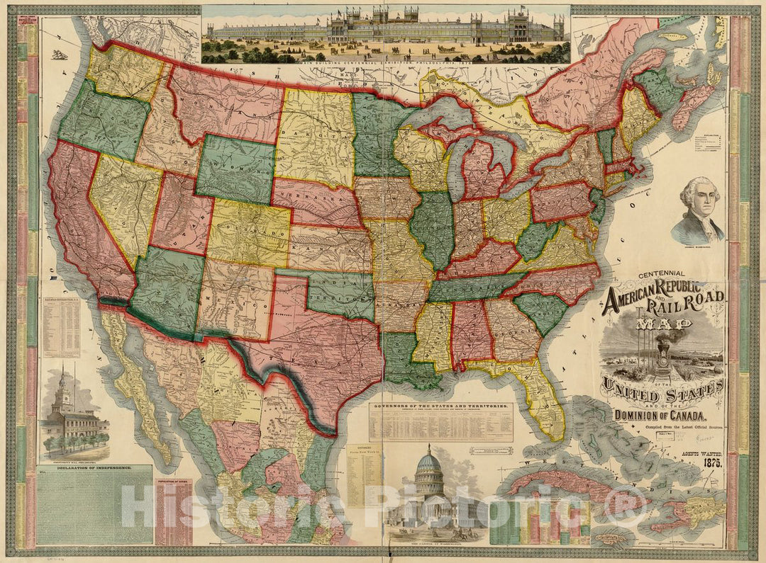 Historic 1875 Map - Centennial American Republic and Railroad map of The United States and of The Dominion of Canada. Compiled from The Latest Official Sources.