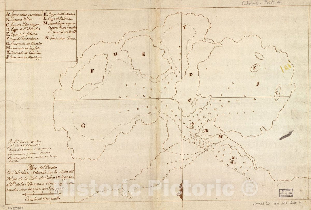Historic 1760 Map - Plano del Puerto de CabaÃ±as situado en la Costa del Norte de la ysla de Cuba, 12 leguas al ote. de la Havana