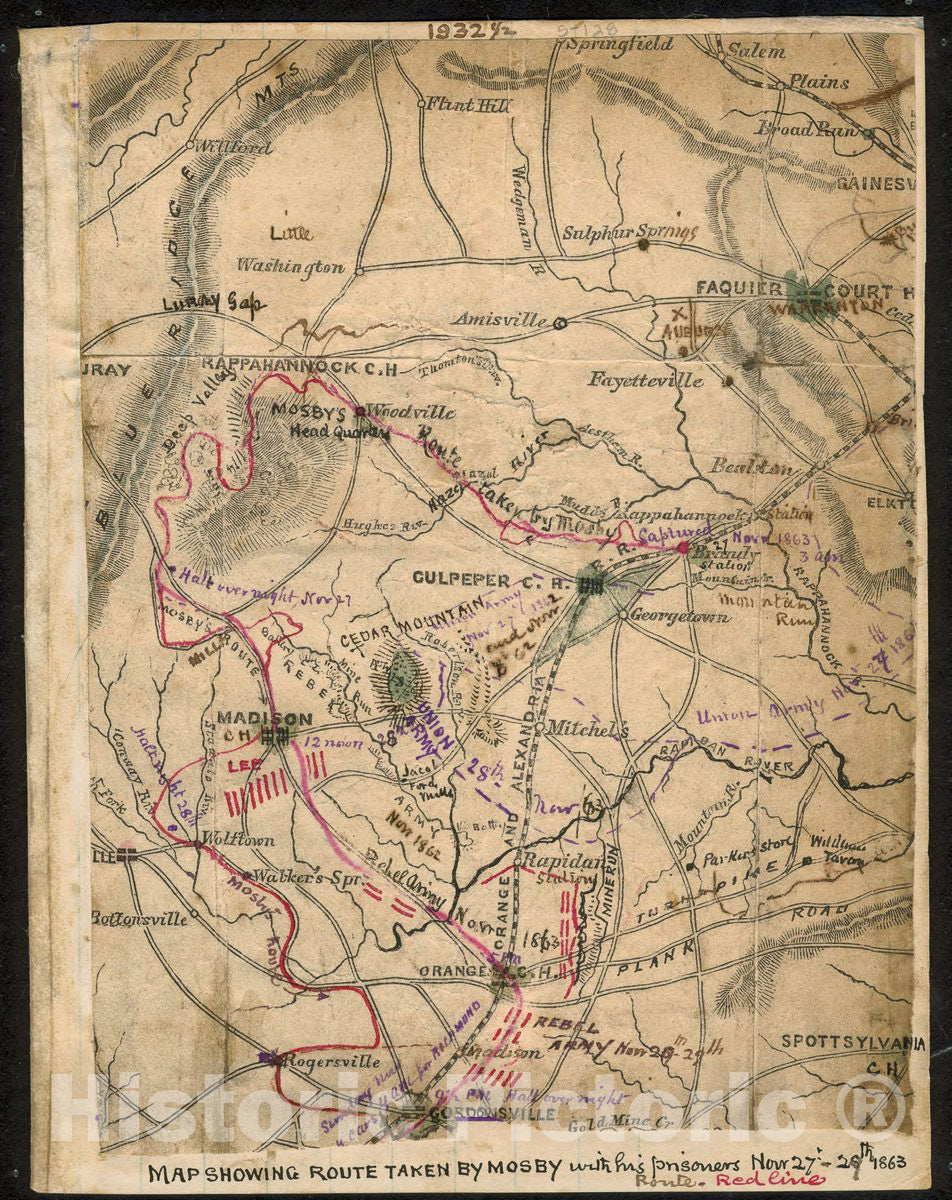 Historic 1863 Map - Map Showing Route Taken by Mosby with his Prisoners, Nov. 27th-29th, 1863.