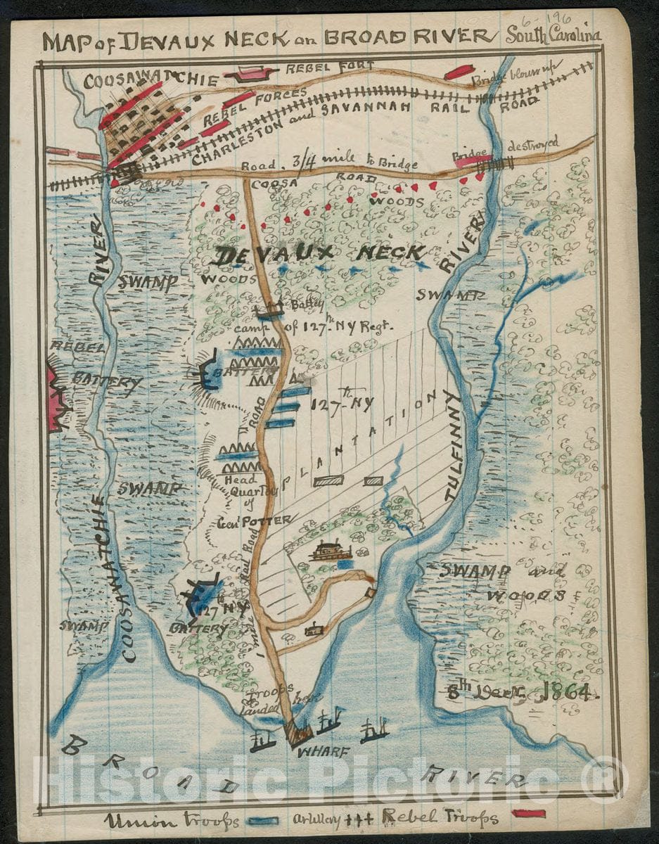 Historic 1864 Map - Map of Devaux Neck on Broad River, South Carolina.