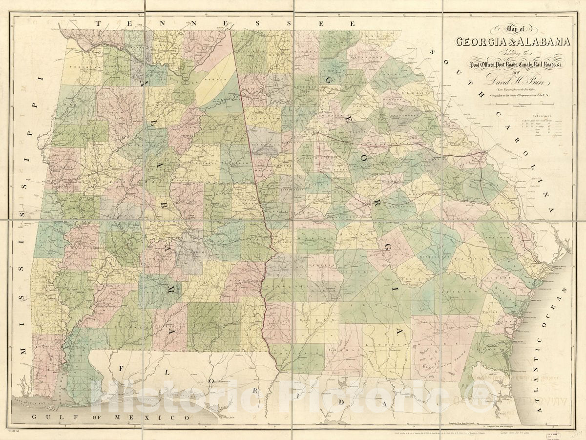Historic 1839 Map - Map of Georgia & Alabama exhibiting The Post Offices, Post Roads, canals, Rail Roads & c; by David H. Burr (Late Topographer to The Post Office)