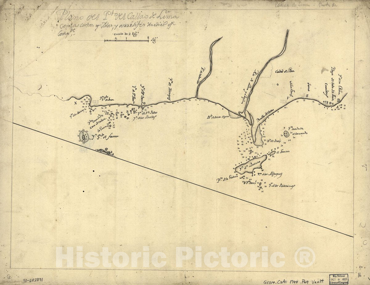 Historic 1744 Map - Plano del Pto. del Callao de Lima con las Costas y yslas y arresifes ymediat. qe. compde.