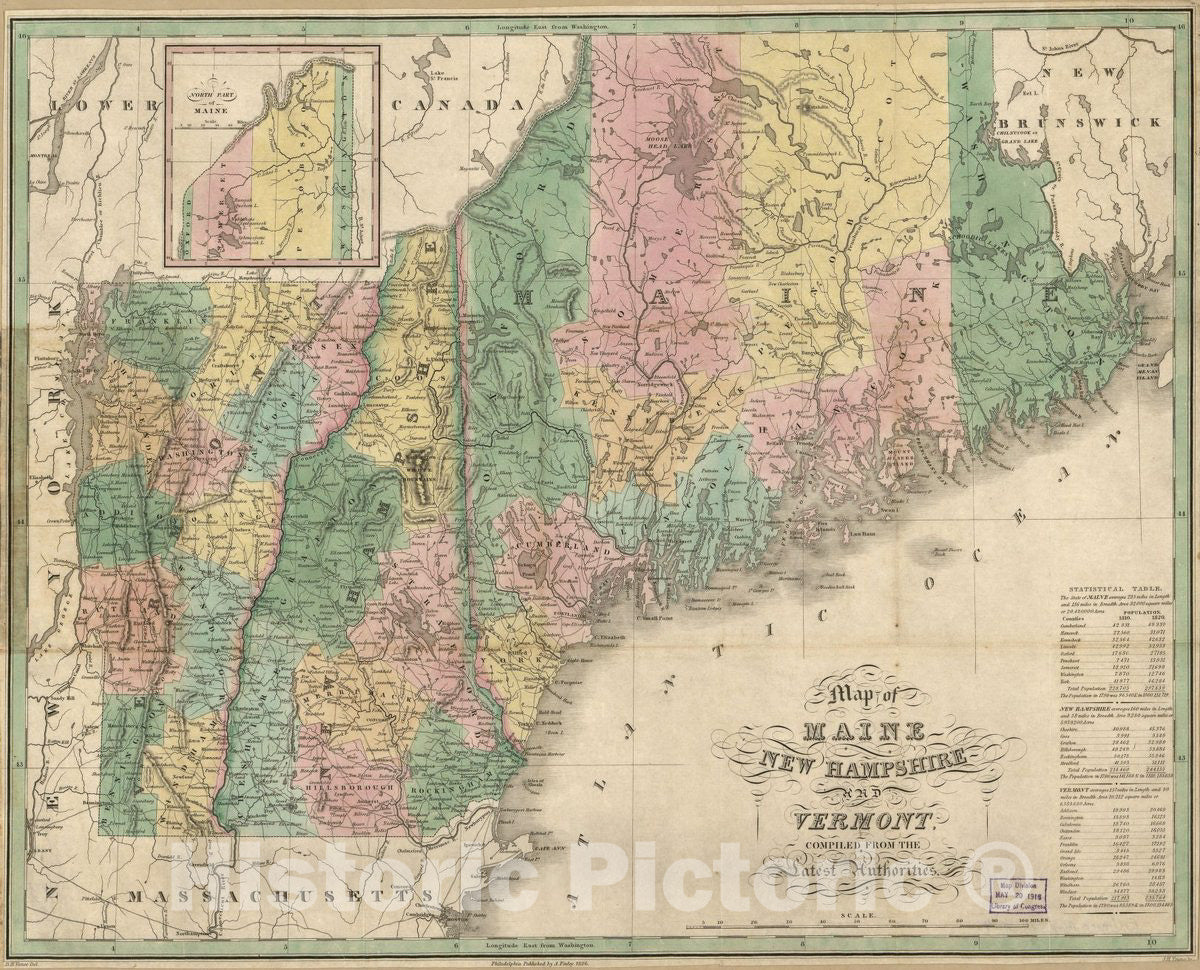 Historic 1826 Map - Map of Maine, New Hampshire and Vermont : compiled from The Latest Authorities