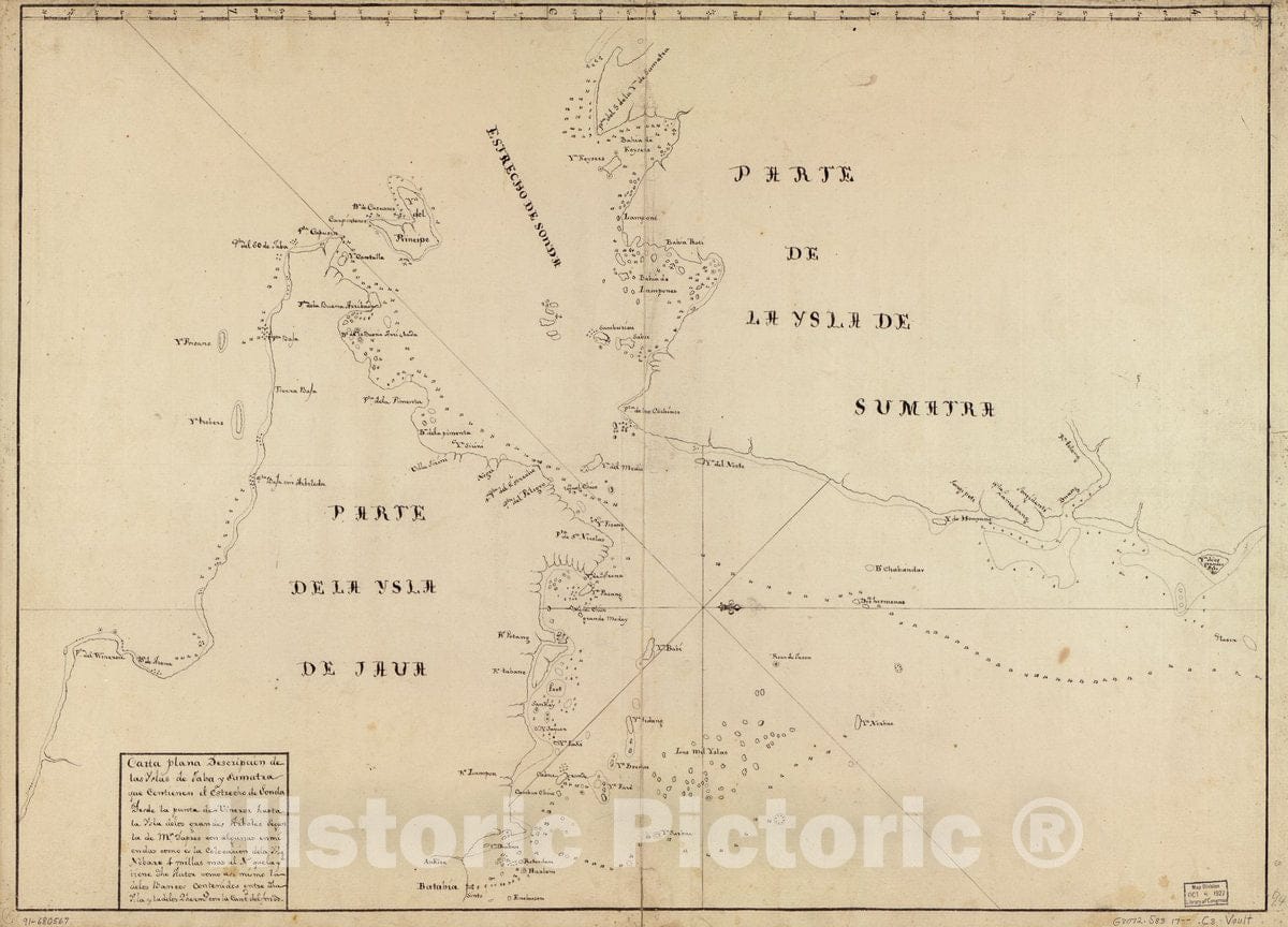 Historic 1700 Map - Carta Plana descripciÃ³n de las yslas de Jaba y Sumatra que contienen el Estrecho de Sonda Desde la Punta de Vineror Hasta la ysla de Los Grandes Arboles segun la de Mr.