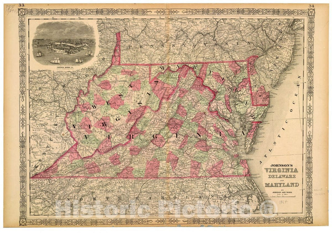 Historic 1864 Map - Johnson's Virginia, Delaware and Maryland.