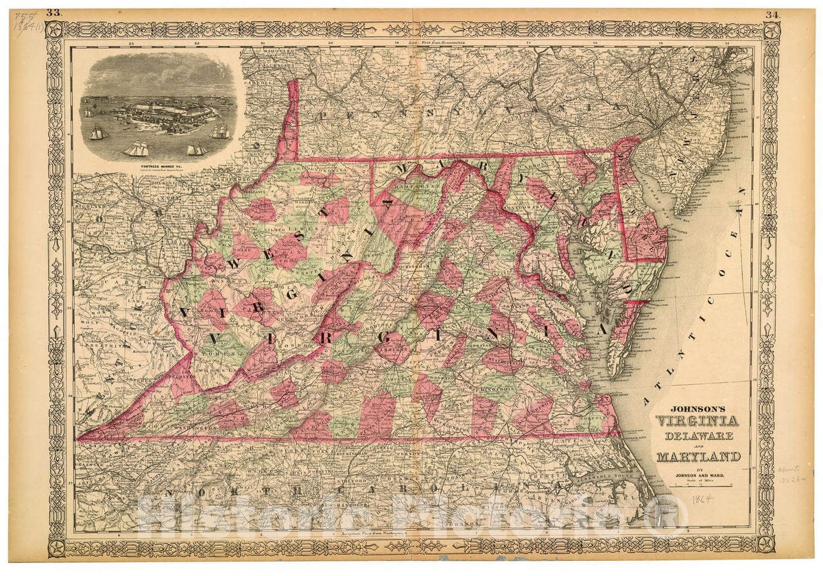 Historic 1864 Map - Johnson's Virginia, Delaware and Maryland.