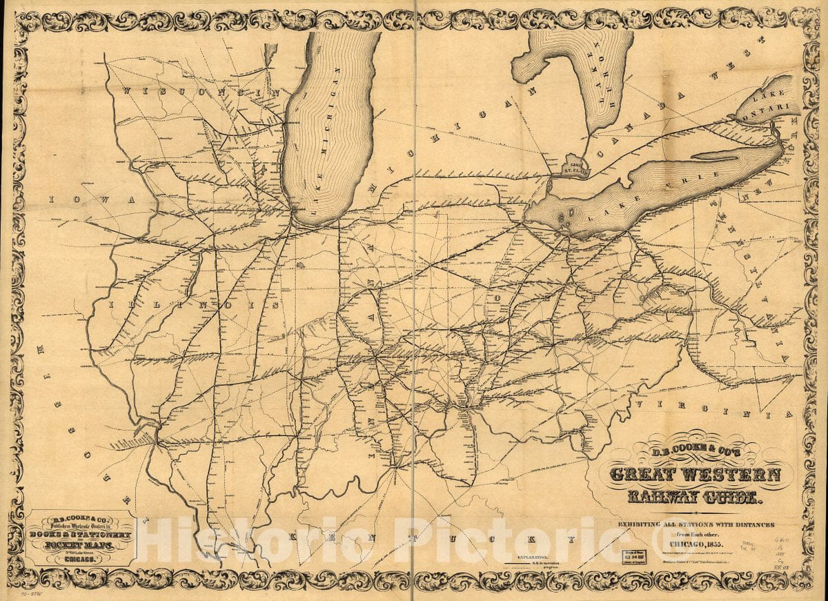 Historic 1855 Map - D.B. Cooke & Co.'s Great Western Railway Guide exhibiting All Stations and Distances from Each Other.