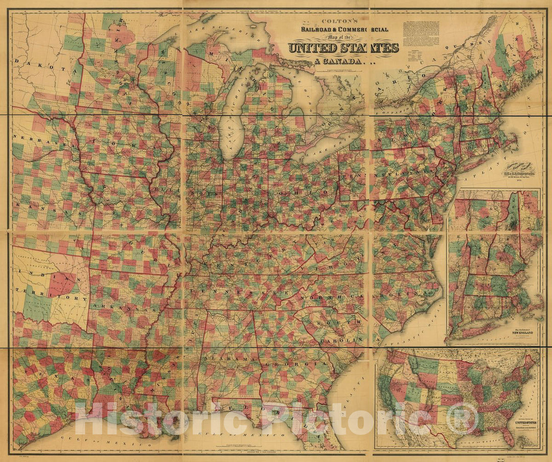 Historic 1871 Map - Colton's Railroad & Commercial map of The United States and Canada; compiled, Engraved and published by G.W. & C.B. Colton & Co. 1871.