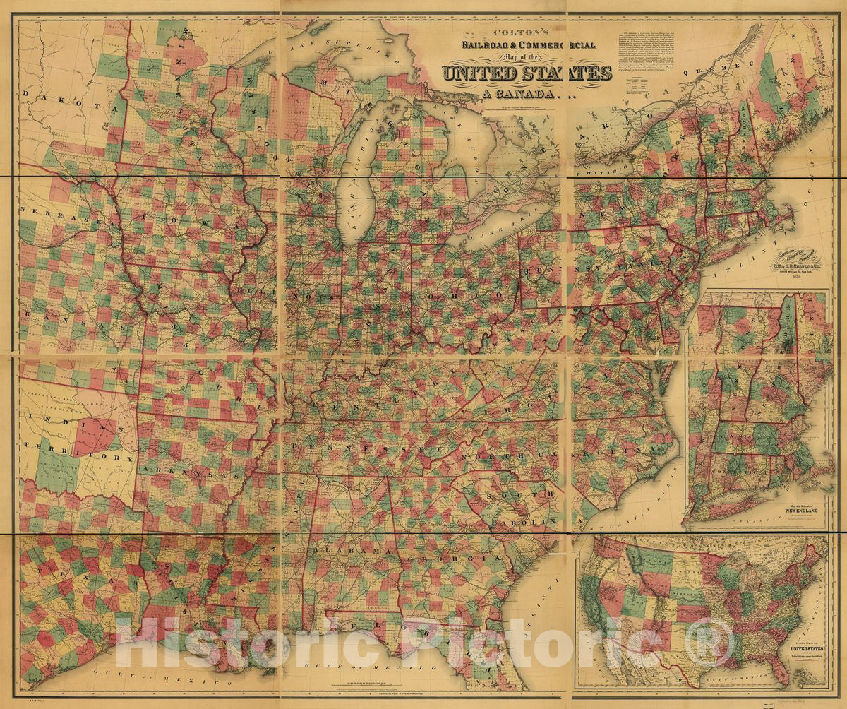 Historic 1871 Map - Colton's Railroad & Commercial map of The United States and Canada; compiled, Engraved and published by G.W. & C.B. Colton & Co. 1871.