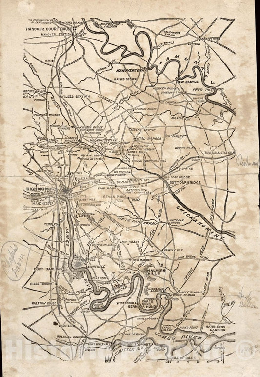 Historic Map - Civil War Proof maps : United States. - Richmond, VA and Vicinity (25 Miles Concentric Circles)