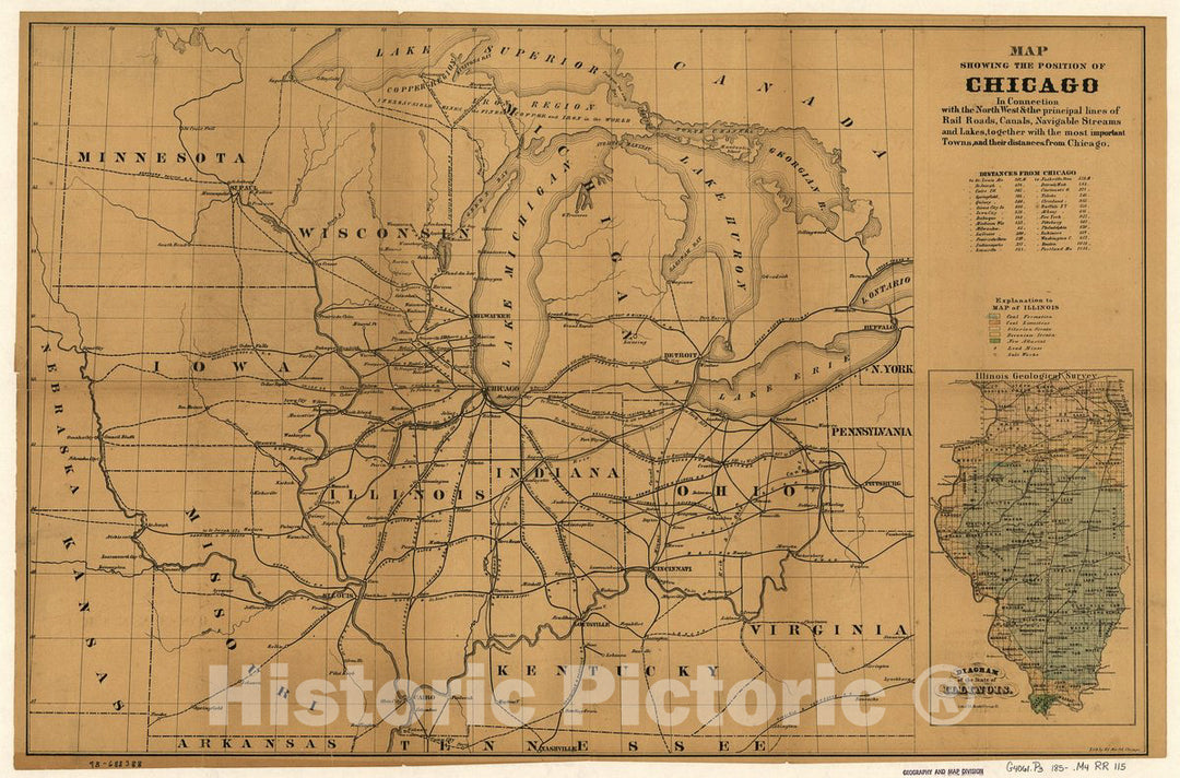 Historic 1850 Map - Map Showing The Position of Chicago in Connection with The North West & The Principal Lines of Rail Roads, canals, navigable Streams and Lakes