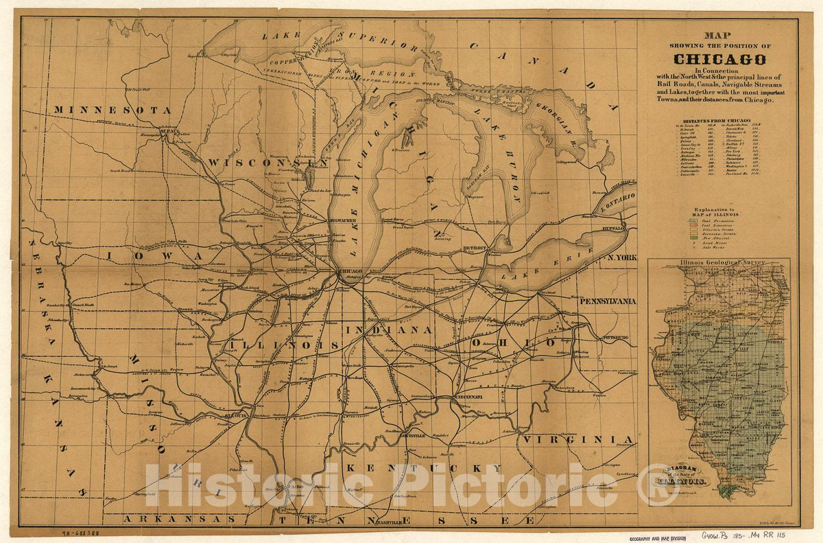 Historic 1850 Map - Map Showing The Position of Chicago in Connection with The North West & The Principal Lines of Rail Roads, canals, navigable Streams and Lakes