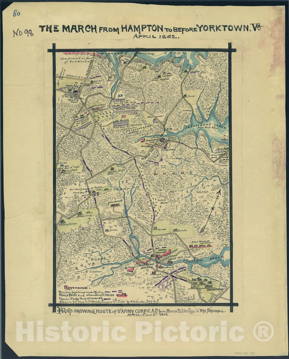 Historic 1862 Map - The March from Hampton to Before Yorktown, Va, April 1862. Map Showing Route of 3rd Army Corps. A.P. from Howard's Bridge to The Sawmill, April 5 and 6th, 1862.
