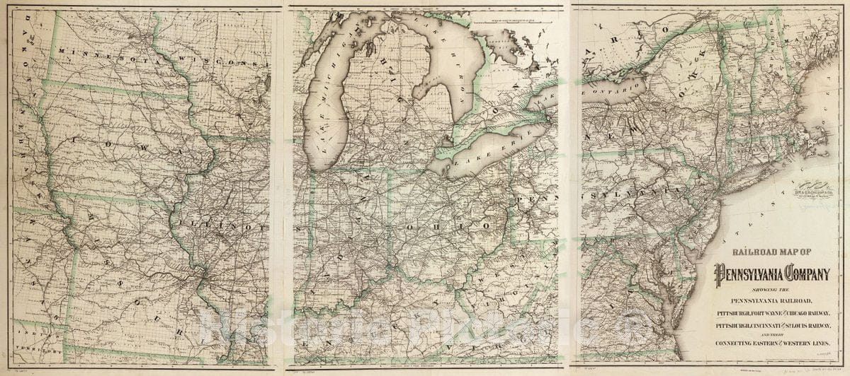 Historic 1871 Map - Railroad map of Pennsylvania Company Showing The Pennsylvania Railroad, Pittsburgh, Fort Wayne and Chicago Railway, Pittsburgh, Cincinnati and St. Louis Railway