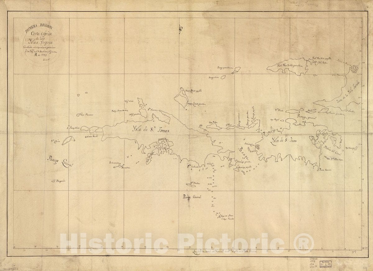 Historic 1793 Map - Carta esfÃ©rica de las Yslas Virgenes