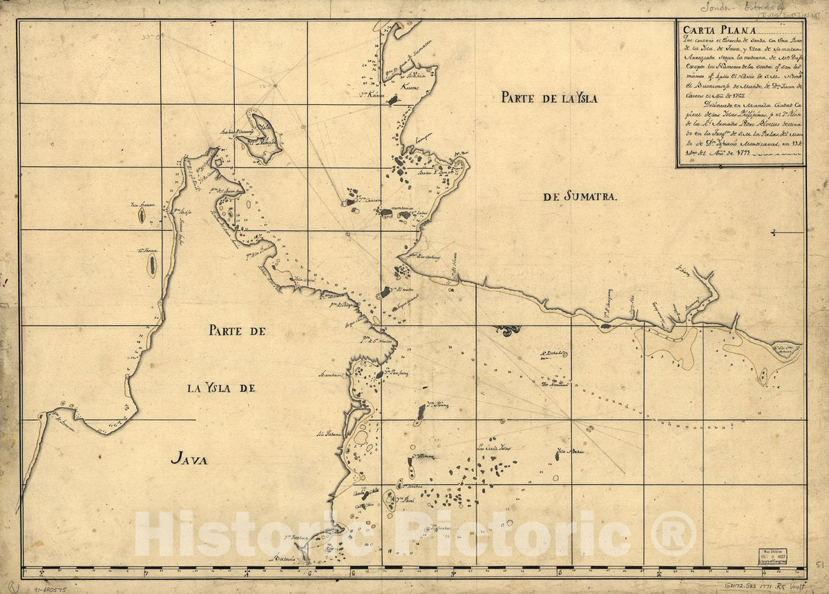 Historic 1771 Map - Carta Plana que contiene el Estrecho de Sonda con UNA Parte de la Ysla de Java y otra de Sumatra arreglada segun la moderna