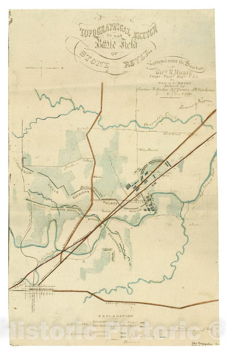 Historic 1863 Map - Topographical Sketch of The Battle Field of Stone River