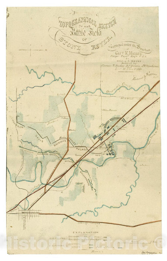 Historic 1863 Map - Topographical Sketch of The Battle Field of Stone River