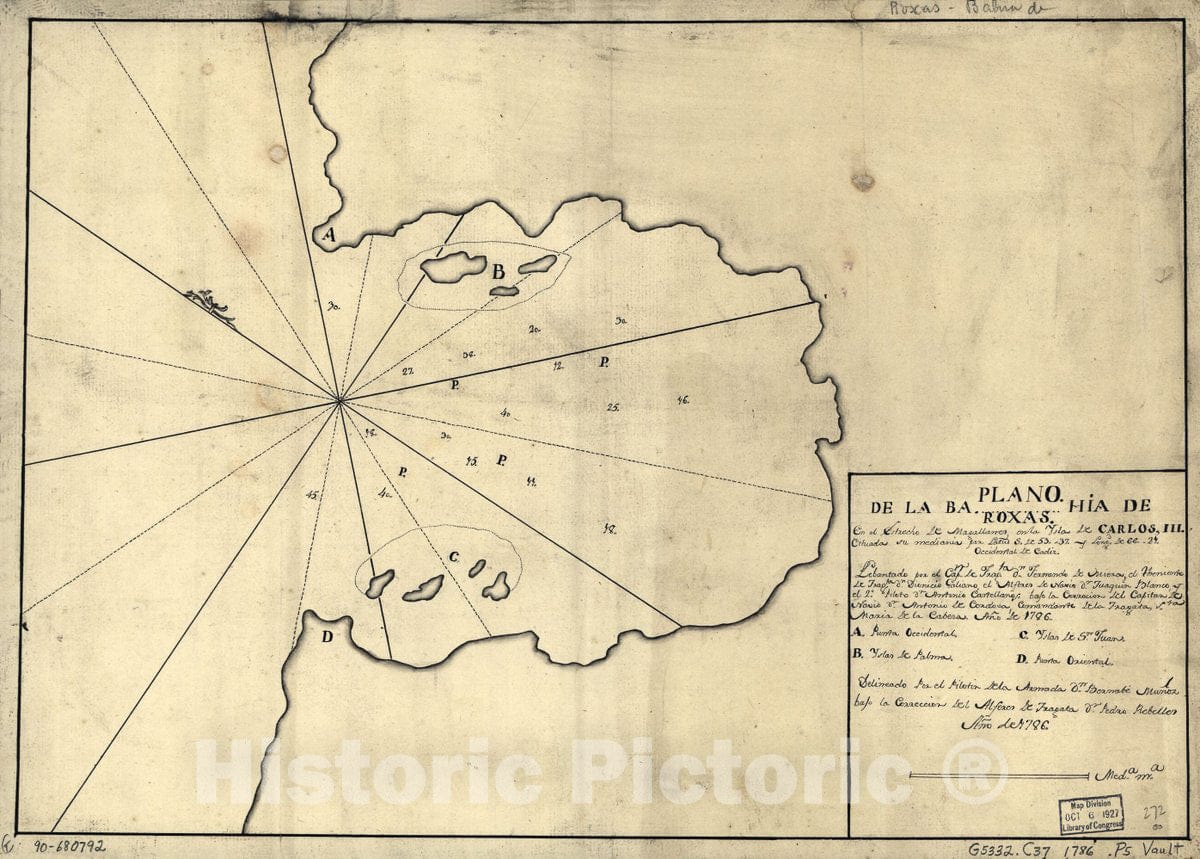 Historic 1786 Map - Plano de la BahÃ­a de Roxas en el Estrecho de Magallanes en la Ysla de Carlos III cituada su mediania por latud S. DE 53"; 37"