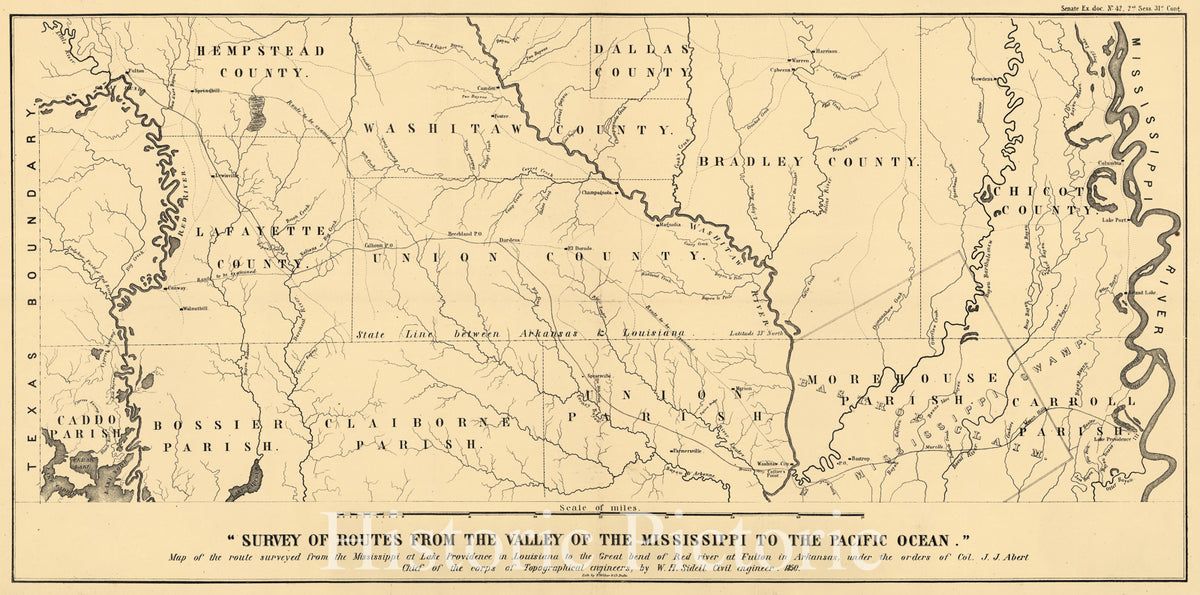 Historic 1850 Map - Map of The Route surveyed from The Mississippi at Lake Providence in Louisiana to The Great Bend of Red River at Fulton in Arkansas
