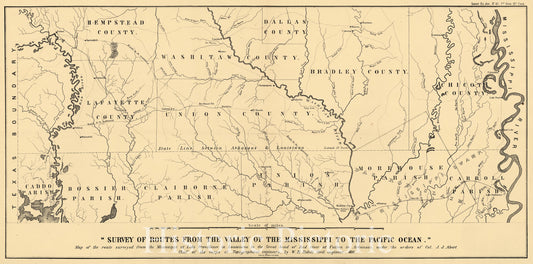 Historic 1850 Map - Map of The Route surveyed from The Mississippi at Lake Providence in Louisiana to The Great Bend of Red River at Fulton in Arkansas