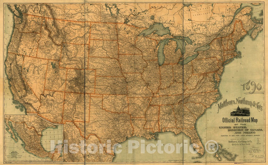Historic 1890 Map - Matthews, Northrup & Co's Official Railroad map of The United States, Dominion of Canada and Mexico Perfected to Date from Latest Authentic Sources.